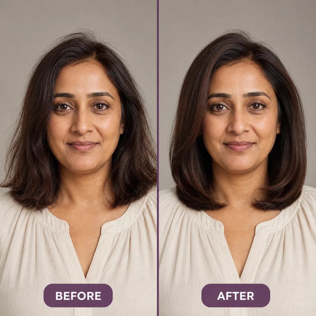 Illustrated styling comparison with dark collarbone-length hair