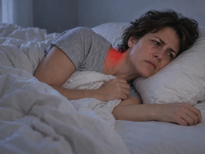 Illustration of a woman lying awake with neck discomfort.