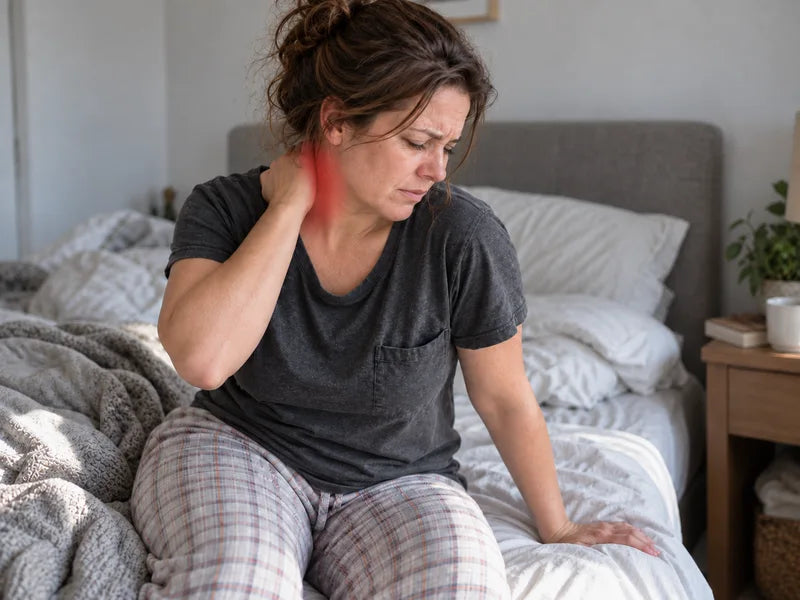 Illustration of a woman sitting on her bed with her hand on her neck.