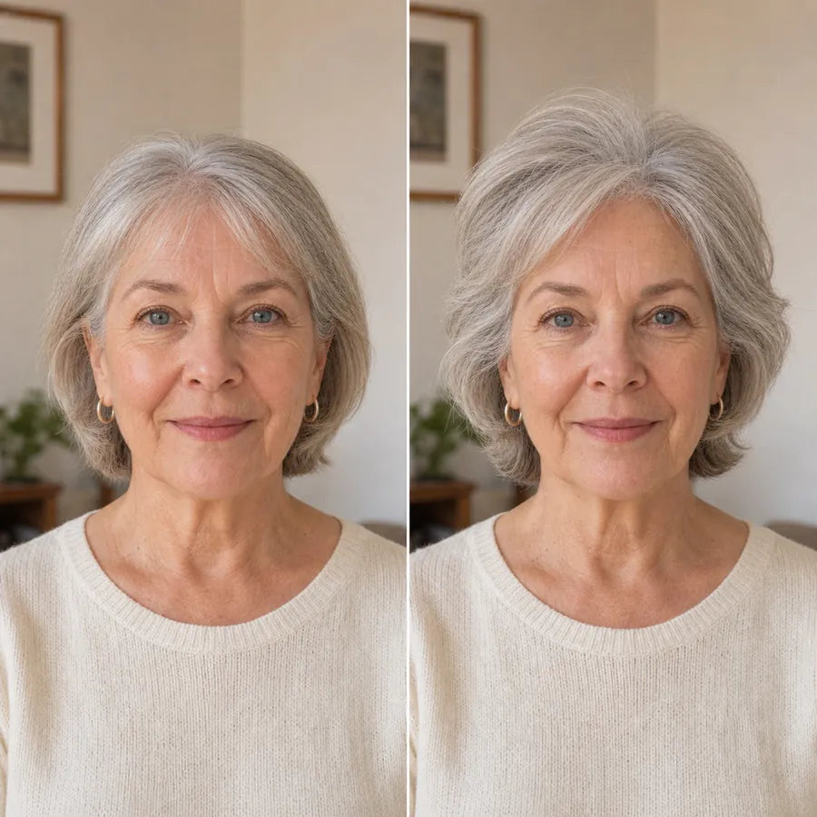 Illustrative side-by-side styling example on the same older woman with a fine silver bob