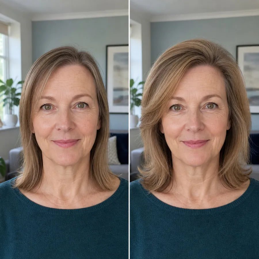 Illustrative side-by-side styling example on the same white woman in her 50s with fine dark-blonde hair