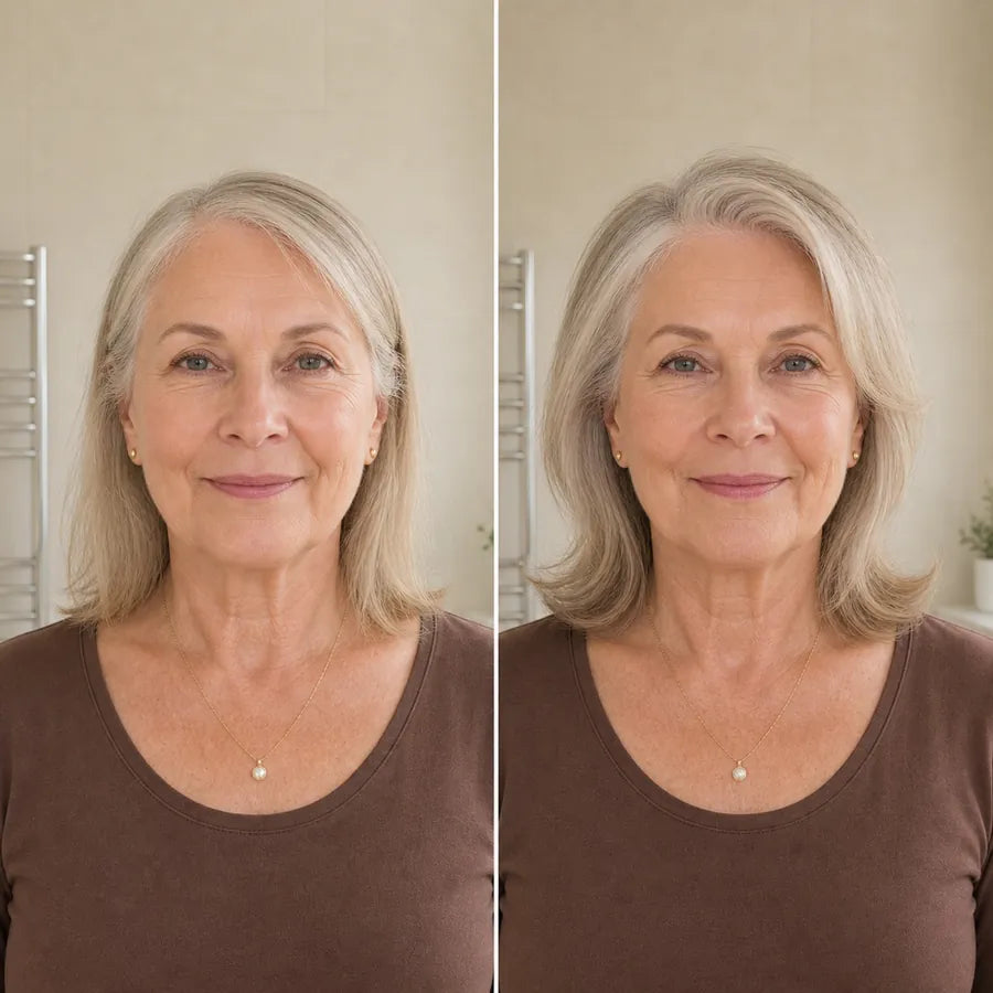 Illustrative side-by-side styling example on the same older woman with fine silver-blonde hair