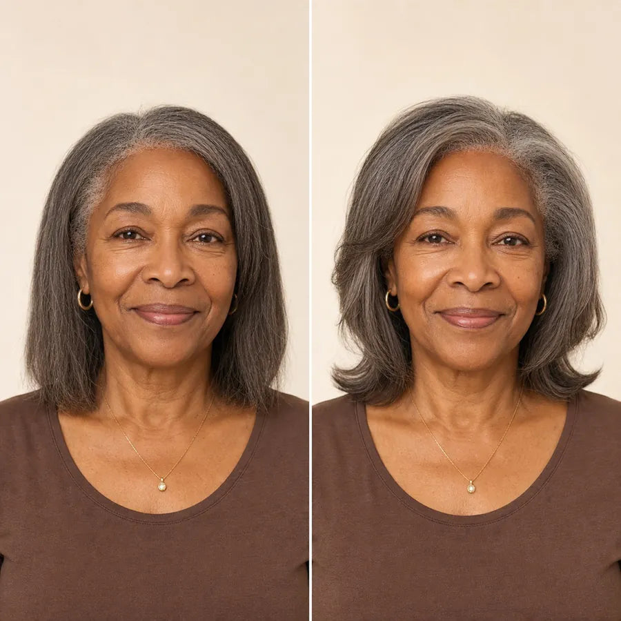Illustrative side-by-side styling example on the same Black woman with fine salt-and-pepper hair