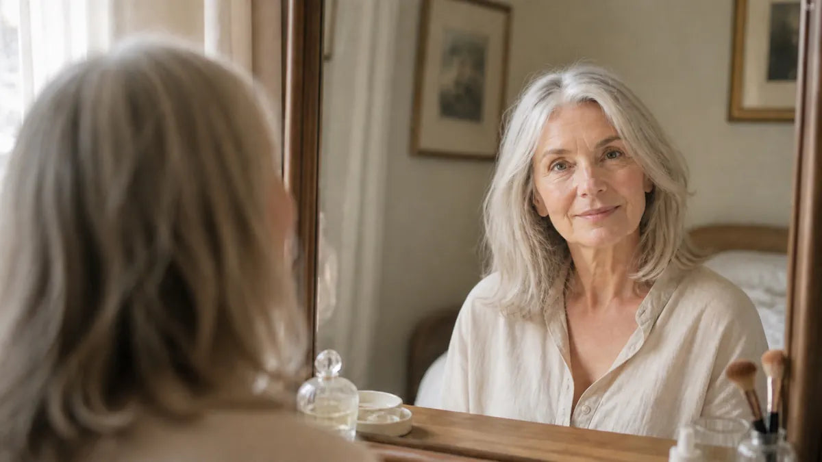 Woman over 60 smiling at her softly lifted silver hair in the mirror