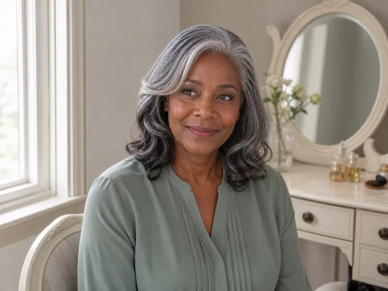 Woman with soft silver and black movement around the face