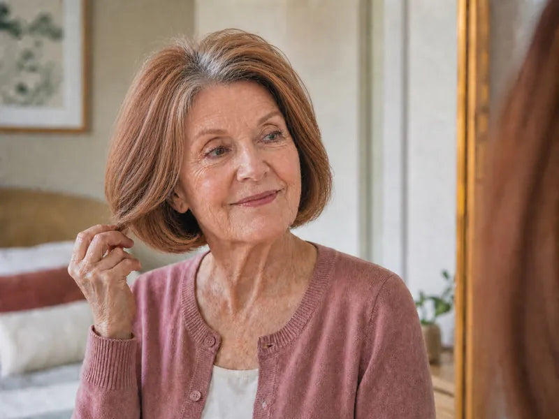Woman over 70 with a fuller, broadly lifted fine auburn bob and silver roots
