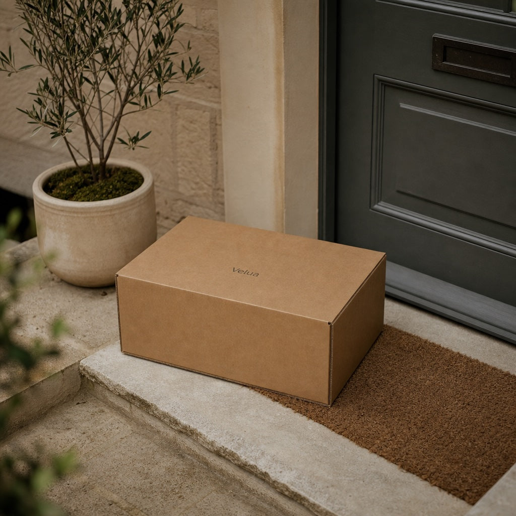 A plain Velua box on a doorstep