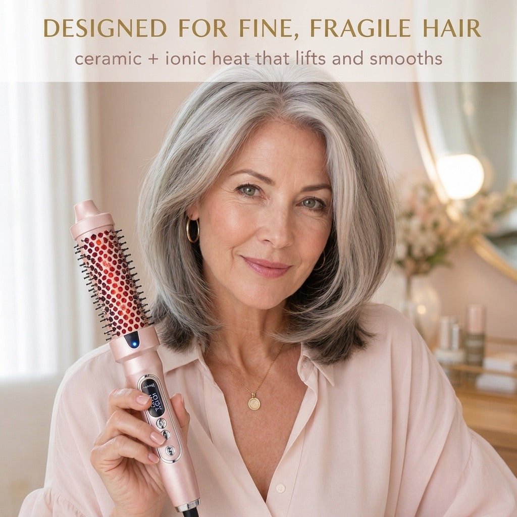 A woman with fine hair lifting it at the root with Volara