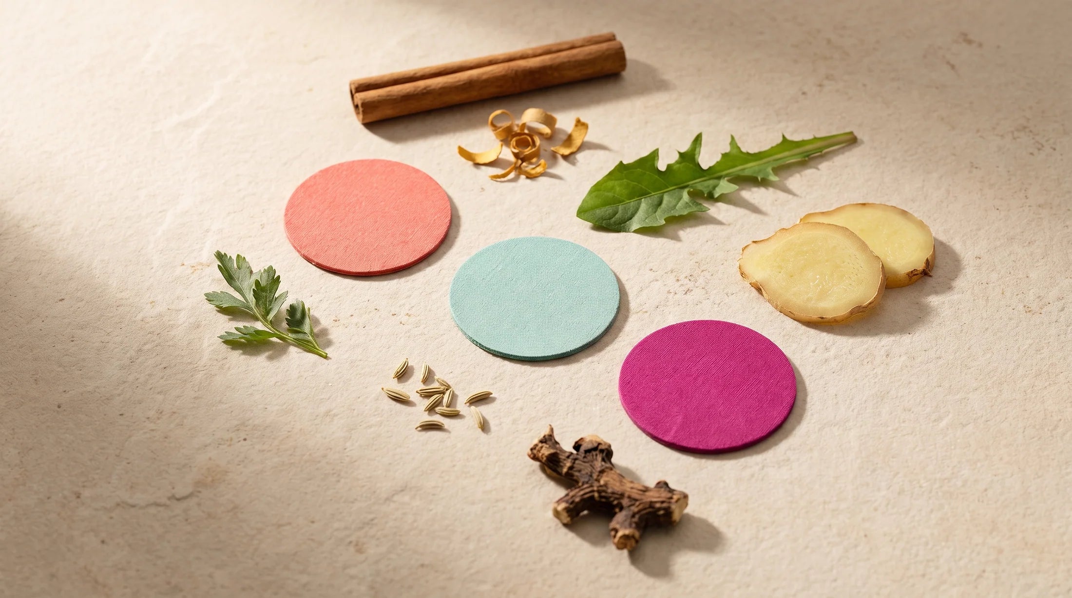 The raw ingredients behind the three Renomi blends laid out on stone