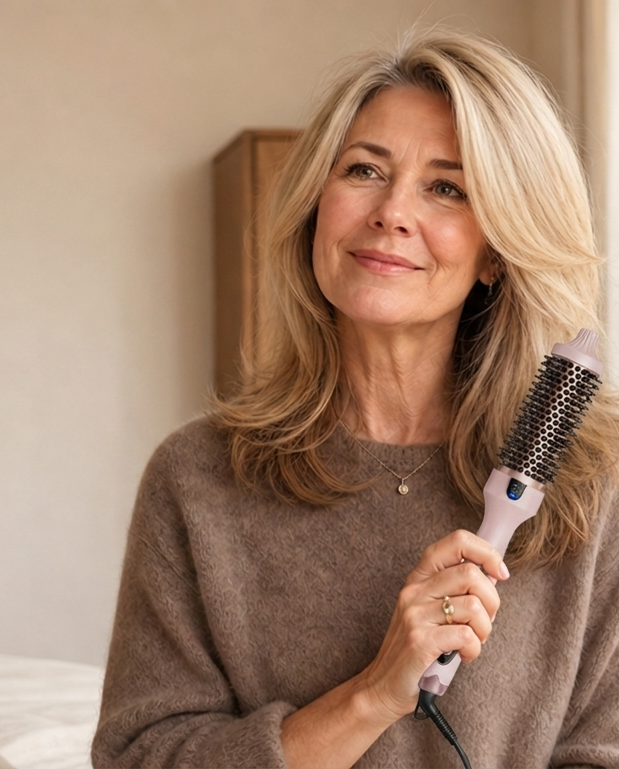 Woman holding the Volara thermal styling brush
