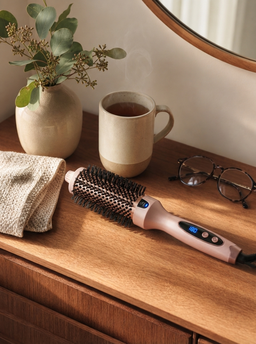 The Volara brush on a warm vanity among morning items