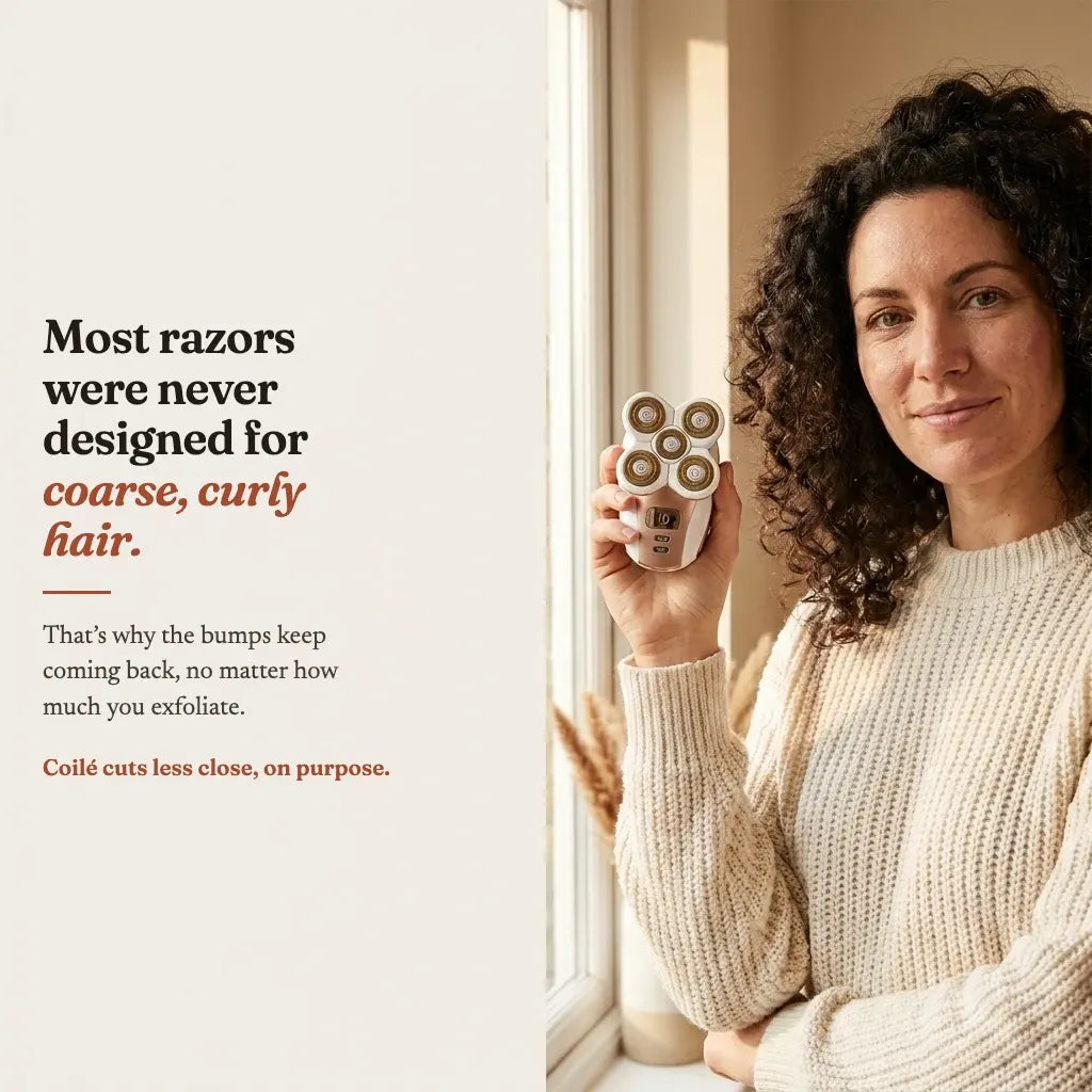 Coilé was designed for coarse, curly hair and cuts less close on purpose