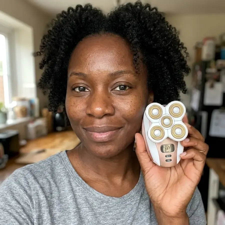 A Black woman holding her Coilé shaver at home