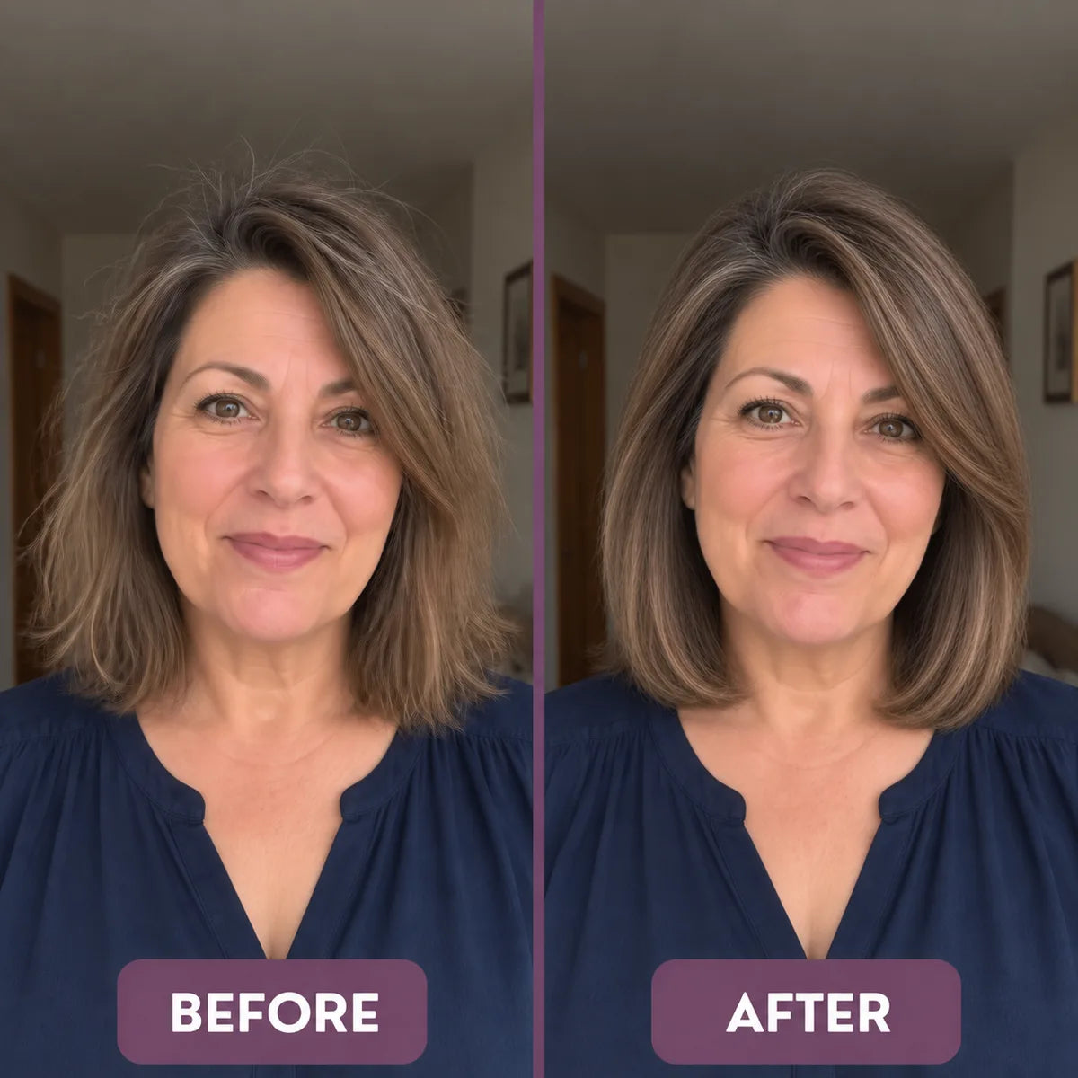 Illustrated before and after: shoulder-length brown hair