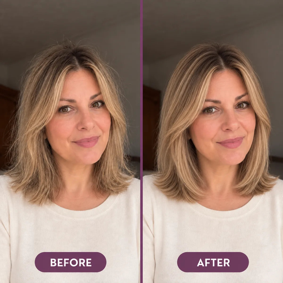Illustrated before and after: longer blonde hair