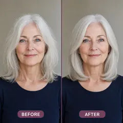 Illustrated styling comparison with silver shoulder-length hair