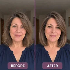 Illustrated before and after: shoulder-length brown hair