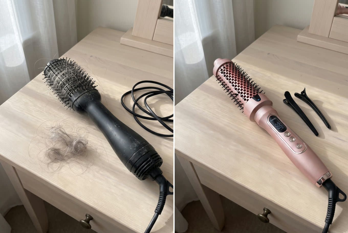 An old hot air brush full of pulled-out hair next to a clean Volara