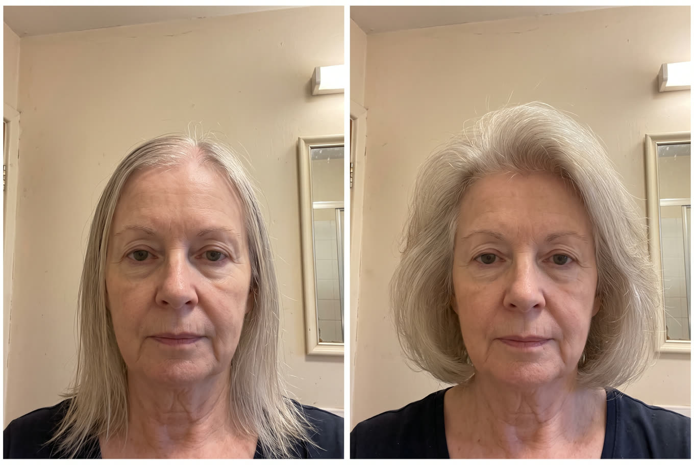 The same woman before and after styling with the Volara brush