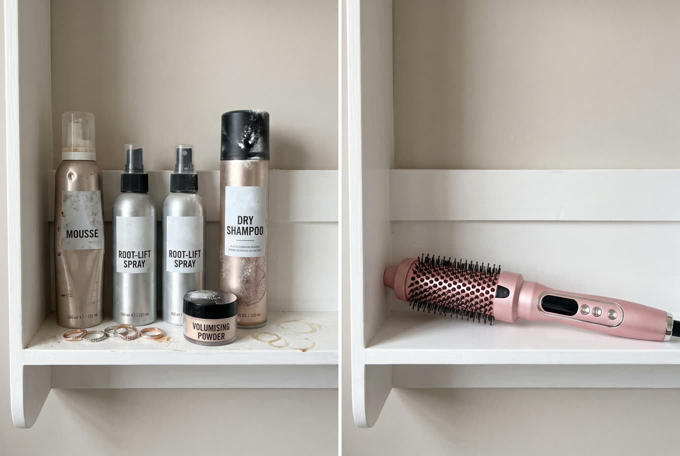 A shelf of sticky styling products, then the same shelf with only the Volara