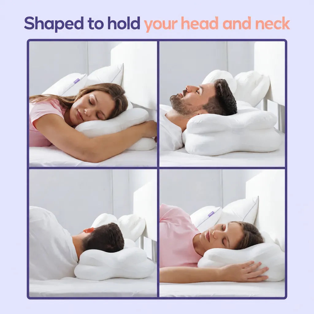 Pillow shown in four sleeping positions
