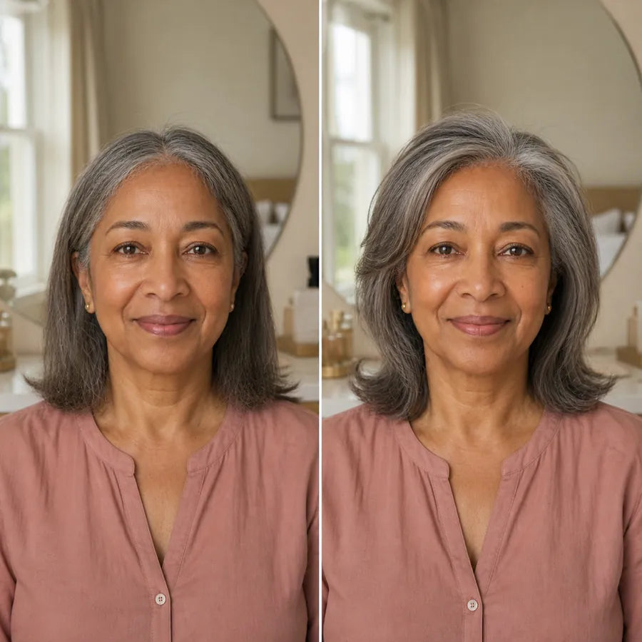 Illustrative side-by-side styling example on the same older woman with fine shoulder-length salt-and-pepper hair