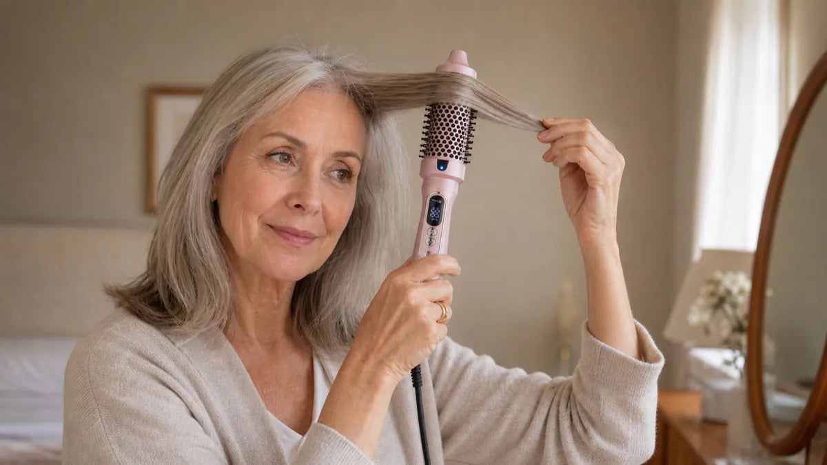 Woman lifting one fine dry-hair section from underneath with Volara