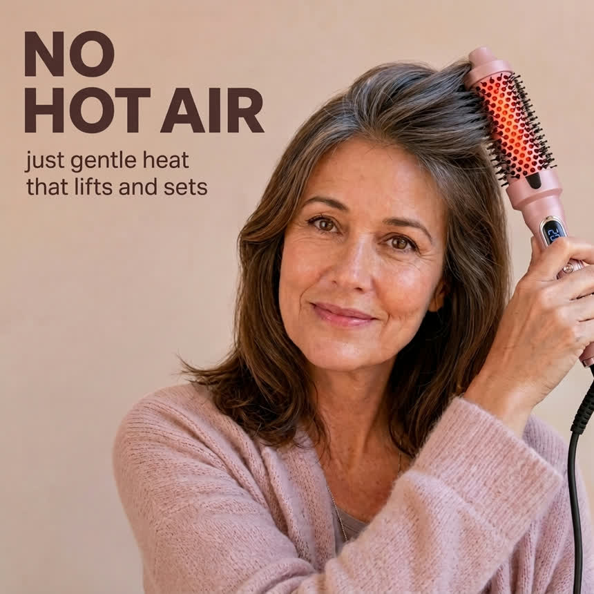 A woman lifting her fine hair at the root with Volara, no hot air, just gentle heat