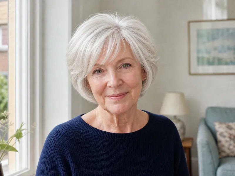 Woman over 70 with a visibly lifted, softly full silver bob