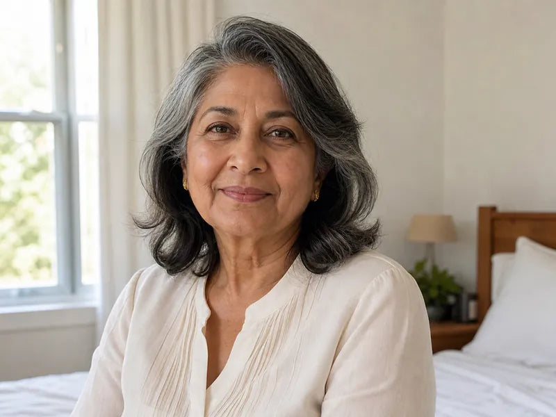 Woman with softly shaped dark-grey collarbone hair